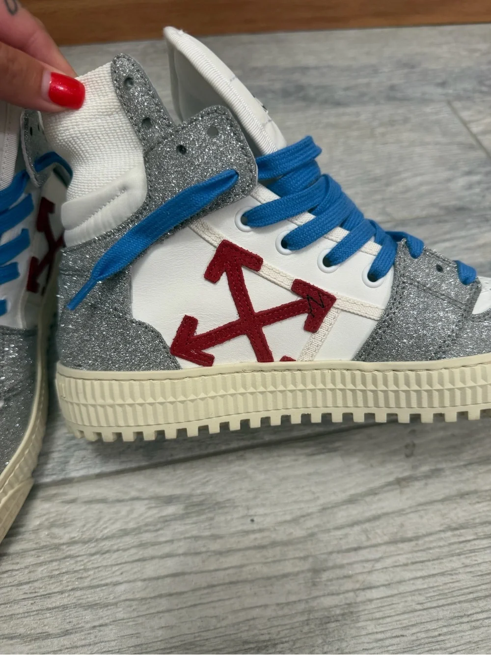 Off-White White, Silver & Blue High-Top Sneakers with Red Arrow